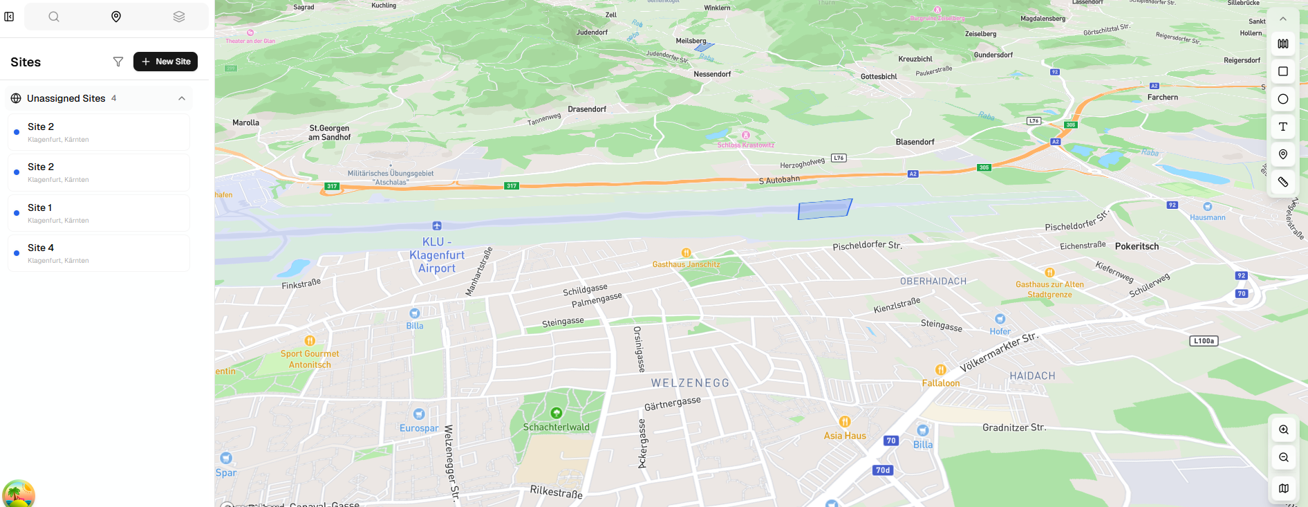 Interactive map view showing site location and power grid infrastructure