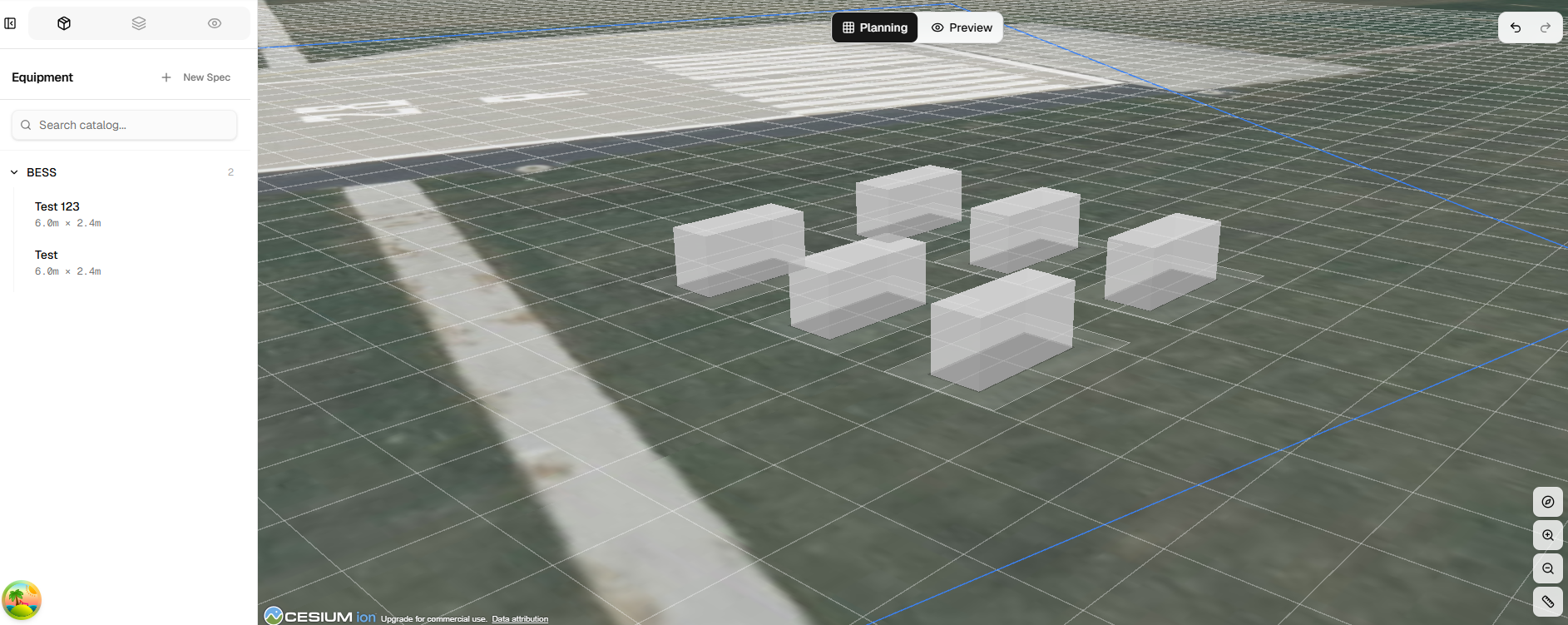 Visual Site Planning interface showing BESS layout design