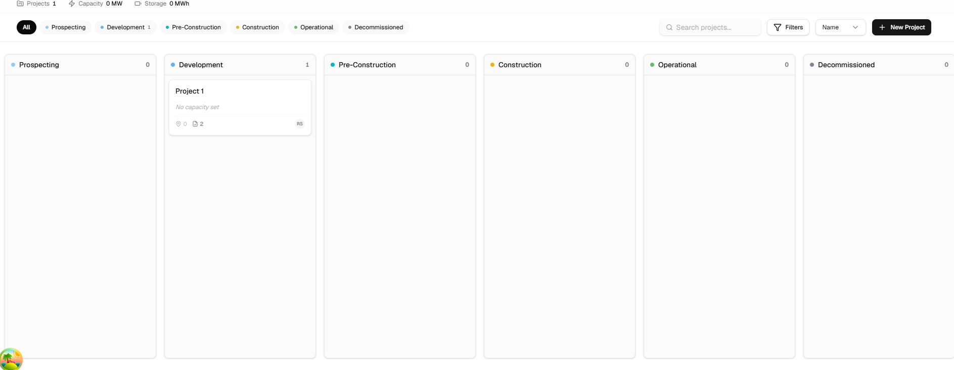 Project portfolio dashboard showing multiple BESS projects